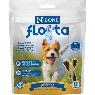 Masticables dentales para perros FLOSSta de doble acción con sabor a pollo, 15 unidades