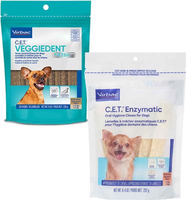 Bundle: Virbac C.E.T. VeggieDent Fr3sh Tartar Control Dog Chews, Extra Small, 30 count & Virbac C.E.T. Enzymatic Oral Hygiene Dental Dog Chews, X-Small