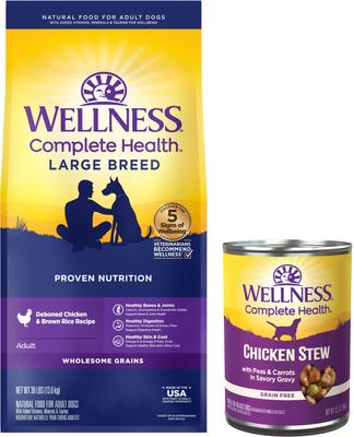 Paquete: Alimento seco para perros Wellness Large Breed Complete Health Adult con pollo deshuesado y arroz integral + Alimento enlatado sin cereales con estofado de pollo con guisantes y zanahorias