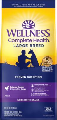 Paquete: Alimento seco para perros Wellness Large Breed Complete Health Adult con pollo deshuesado y arroz integral + Alimento enlatado sin cereales con estofado de pollo con guisantes y zanahorias