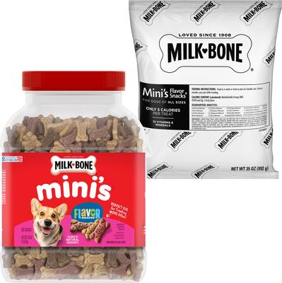 Paquete: Galletas sabor carne, pollo y tocino Milk-Bone Mini's, envase de 36 oz + Galletas sabor carne, pollo y tocino para perros, envase de 35 oz, caja de 2