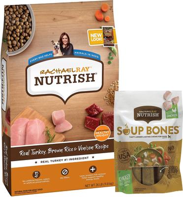 Bundle: Rachael Ray Nutrish Turkey, Brown Rice & Venison Recipe Dry Food + Soup Bones Chicken & Veggies Flavor Dog Treats