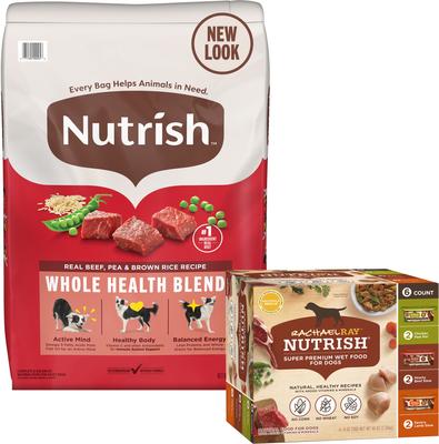 Paquete: Alimento seco Rachael Ray Nutrish con carne de res real, guisantes y arroz integral + Paquete variado de alimento húmedo para perros
