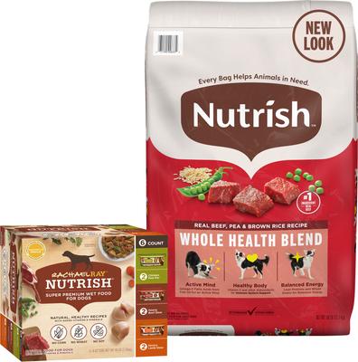 Paquete: Alimento seco Rachael Ray Nutrish con receta de carne de res, guisantes y arroz integral + Paquete variado de alimento húmedo para perros