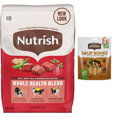 Paquete: Alimento seco Nutrish de Rachael Ray con receta de carne de res, guisantes y arroz integral + premios para perros con sabor a pollo y verduras y huesos para sopa