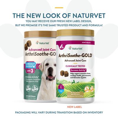 NaturVet, Advanced Joint Care ArthriSoothe-GOLD, masticables blandos con glucosamina, MSM y mejillón verde, sabor tocino y pollo para perros y gatos, 240 unidades
