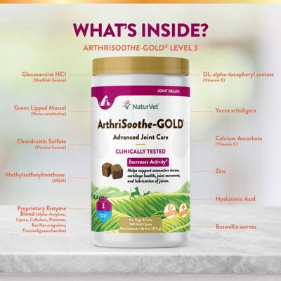 NaturVet, Advanced Joint Care ArthriSoothe-GOLD, masticables blandos con glucosamina, MSM y mejillón verde, sabor tocino y pollo para perros y gatos, 240 unidades