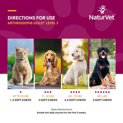 NaturVet, Advanced Joint Care ArthriSoothe-GOLD, masticables blandos con glucosamina, MSM y mejillón verde, sabor tocino y pollo para perros y gatos, 240 unidades