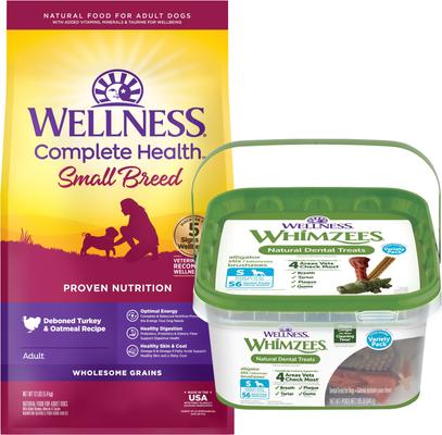 Bundle: Wellness Small Breed Complete Health Adult Turkey & Oatmeal Recipe Dry Dog Food, 12-lb bag & WHIMZEES Variety Pack Dental Dog Treats, Small, 56 count