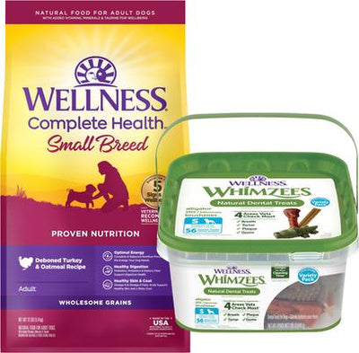 Bundle: Wellness Small Breed Complete Health Adult Turkey & Oatmeal Recipe Dry Dog Food, 12-lb bag & WHIMZEES Variety Pack Dental Dog Treats, Small, 56 count