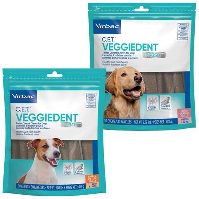 Paquete: Virbac C.E.T. VeggieDent Fr3sh para perros pequeños + Masticables dentales para perros grandes