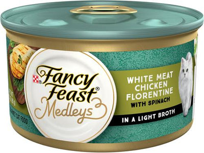 Comida enlatada para gatos Medleys White Meat Chicken Florentine, 3 oz, caja de 24