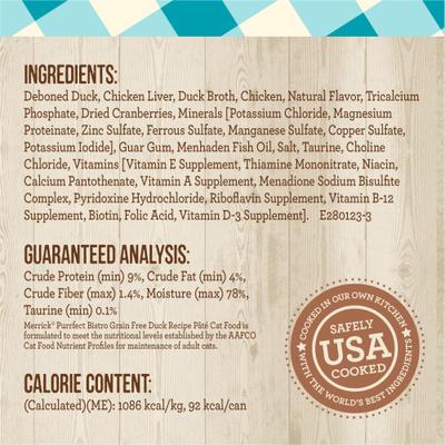 Purrfect Bistro Grain-Free Wet Cat Food Duck Recipe Pate, 3-oz can, case of 24