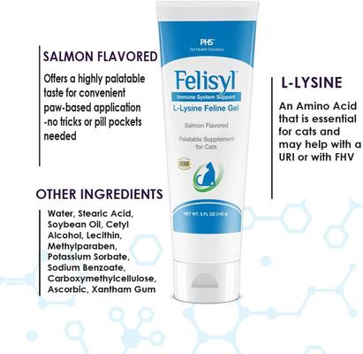 Lysine Gel Salmon Flavored Immune System Support Healthy Tissue, Respiratory, & Vision Supplement for Cats, 5-oz tube