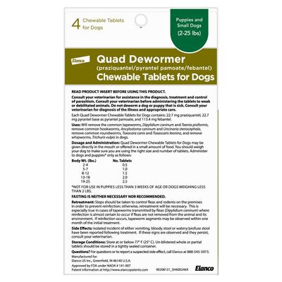 Quad Dewormer for Hookworms, Roundworms, Tapeworms & Whipworms for Small Breed Dogs, 4 count