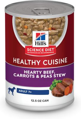 Comida húmeda para perros adultos mayores de 7 años Healthy Cuisine, estofado abundante de carne de res, zanahorias y guisantes, lata de 12.5 oz, caja de 12