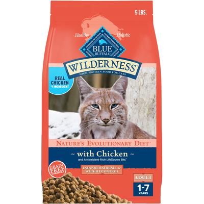 Alimento seco para gatos adultos Wilderness Chicken, alto en proteínas, sin cereales, para controlar el peso y las bolas de pelo, bolsa de 5 lb