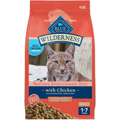 Alimento seco para gatos adultos Wilderness Chicken, alto en proteínas, sin cereales, para controlar el peso y las bolas de pelo, bolsa de 5 lb