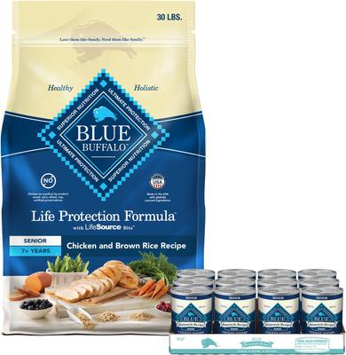 Paquete: Alimento seco para perros Blue Buffalo Life Protection Formula Senior con pollo y arroz integral + Comida enlatada para perros Homestyle Recipe Senior con pollo y verduras de la huerta