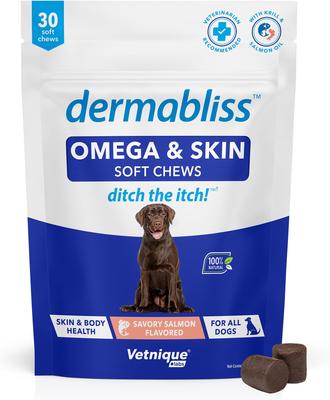 Dermabliss Omega Skin Health Fish Oil Salmon Flavored Soft Chew Skin & Coat Supplement for Dogs, 30 count