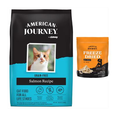 Paquete: Alimento seco para gatos American Journey con receta de salmón sin cereales (bolsa de 5,4 kg) + Premios liofilizados para gatos American Journey con 100 % de pollo sin cereales (bolsa de 147 g)