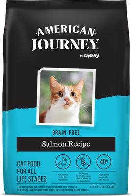 Paquete: Alimento seco para gatos American Journey con receta de salmón sin cereales (bolsa de 5,4 kg) + Premios liofilizados para gatos American Journey con 100 % de pollo sin cereales (bolsa de 147 g)