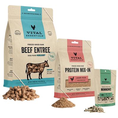 Bundle: Branded Pack - Vital Essentials Minnows Treats, Beef Freeze-Dried Food, Freeze-Dried Chicken Dog Food