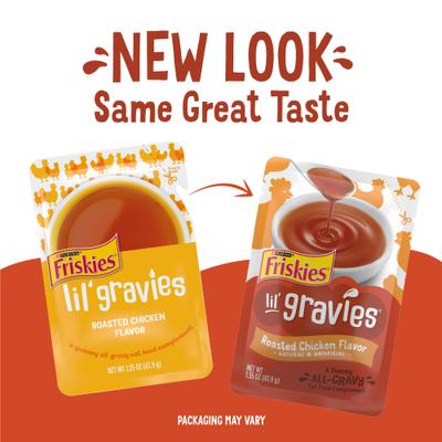 Complemento alimenticio para gatos con sabor a pollo asado Lil' Gravies, bolsa de 1.55 oz, caja de 16