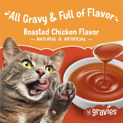 Complemento alimenticio para gatos con sabor a pollo asado Lil' Gravies, bolsa de 1.55 oz, caja de 16