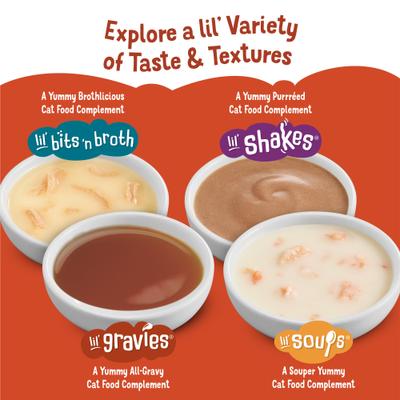 Complemento alimenticio para gatos con sabor a pollo asado Lil' Gravies, bolsa de 1.55 oz, caja de 16