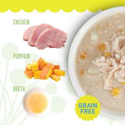 Comida húmeda para gatos sin cereales Pollo y calabaza en caldo, lata de 2.8 oz, caja de 24