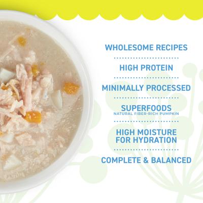 Comida húmeda para gatos sin cereales Pollo y calabaza en caldo, lata de 2.8 oz, caja de 24