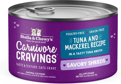 Comida para gatos Carnivore Cravings Savory Shreds Variety Pack, lata de 2.8 oz, caja de 12