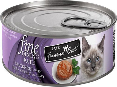 Comida húmeda para gatos Fine Dining Pate Mackerel con entrada de carne, lata de 2.82 oz, caja de 24