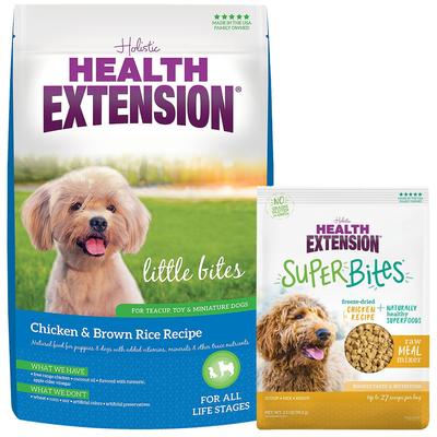 Paquete: Alimento seco para perros Health Extension Little Bites con pollo y arroz integral + Mezcla de alimento crudo liofilizado Super Bites con pollo