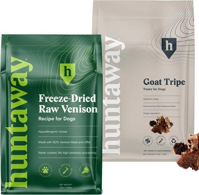 Bundle: Huntaway Venison Grain-Free Freeze-Dried Food, 12-oz bag + Goat Tripe Air-Dried Dog Treats, 3-oz bag