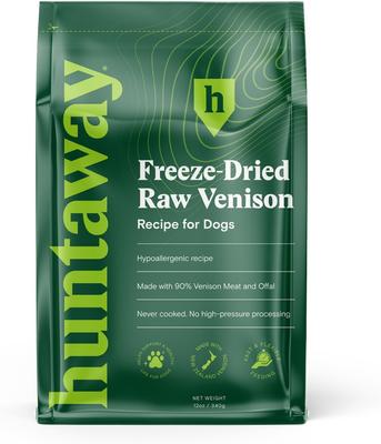 Bundle: Huntaway Venison Grain-Free Freeze-Dried Food, 12-oz bag + Goat Tripe Air-Dried Dog Treats, 3-oz bag