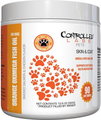 Orange Oximega Fish Oil Skin & Coat Support Smoked Salmon & Chicken Flavor Soft Chews Dog Supplement, 90 count