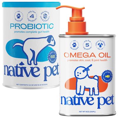 Paquete: Probióticos y prebióticos formulados por veterinarios Native Pet, envase de 237 ml (8.2 fl oz) + Suplemento para la salud de la piel y el pelaje de perros con aceite de pescado Omega 3, 237 ml (8 fl oz)