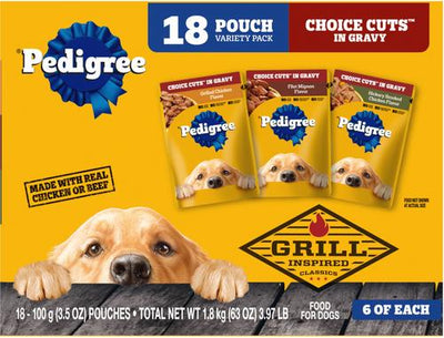Choice Cuts in Gravy Variety Pack, Hickory Smoked Chicken Flavor, Grilled Chicken Flavor in Sauce & Filet Mignon Flavor in Gravy Adult Wet Dog Food Pouches, 3.5-oz, pack of 18