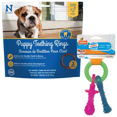 Bundle: Nylabone Teething Pacifier Puppy Chew Toy & N-Bone Puppy Teething Ring Chicken Flavor Dog Treats