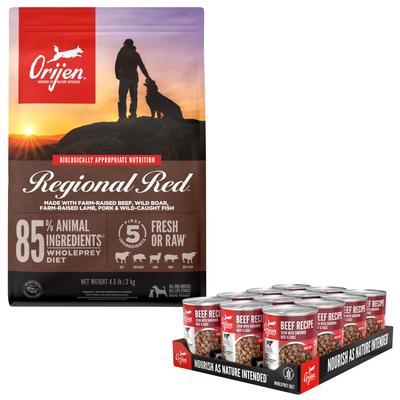 Paquete: Alimento húmedo para estofado de res ORIJEN Real Meat Shreds + Alimento seco para perros Regional Red