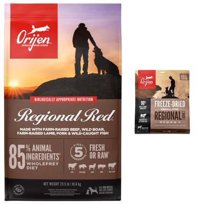 Paquete: Alimento seco para perros ORIJEN Regional Red Grain-Free, bolsa de 23.5 lb + Alimento liofilizado para perros Regional Red Grain-Free y aderezo, bolsa de 16 oz