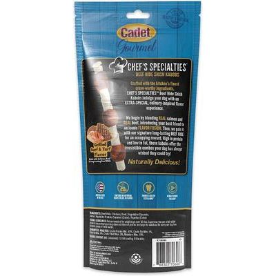 Especialidades del chef Brochetas de piel de res a la parrilla con sabor a mar y tierra, masticables para perros, grandes, 3 unidades