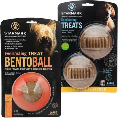Bundle: Starmark Everlasting Treat Bento Ball Tough Dog Chew Toy, Large + Starmark Everlasting Chicken Flavored Large Dental Dog Treats, 2 count
