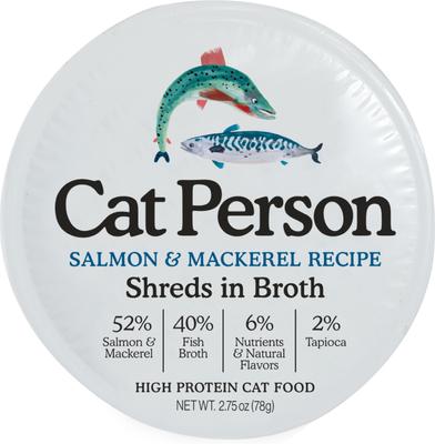 Comida húmeda para gatos sin cereales Cat Person de Weruva Salmon & Mackerel Shreds in Broth, 2.75 oz (caja de 24)