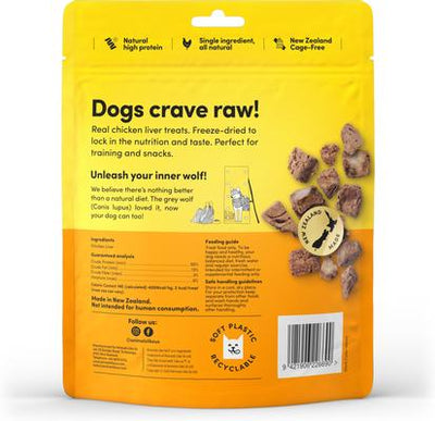 Premios crudos liofilizados para perros de hígado de pollo de granja, sin cereales, en bolsa de 85 g