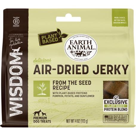 Tiras de cecina vegetal premium, secadas al aire, con receta de semillas, de Wisdom, para perros, bolsa de 113 g