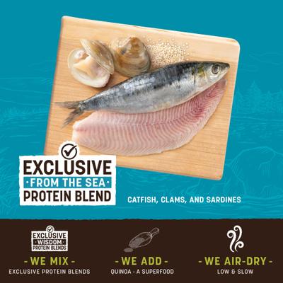 Receta de tiras de cecina natural premium para perros Wisdom, deshidratadas al aire, con bagre, almejas y sardinas, bolsa de 113 g