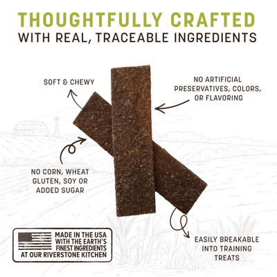 Receta de tiras de cecina natural premium para perros Wisdom, deshidratadas al aire, con bagre, almejas y sardinas, bolsa de 113 g